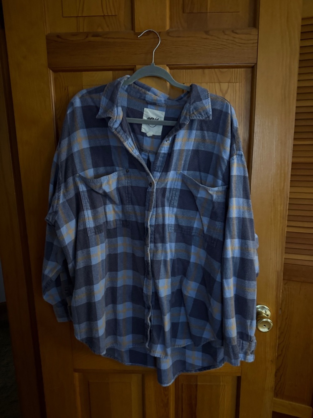 aerie Navy and Light Blue Plaid Button-Up Shirt